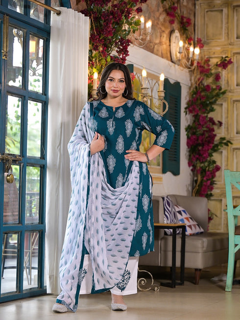 Women Plus Size Teal Green Viscose Rayon Kurta Set With Dupatta